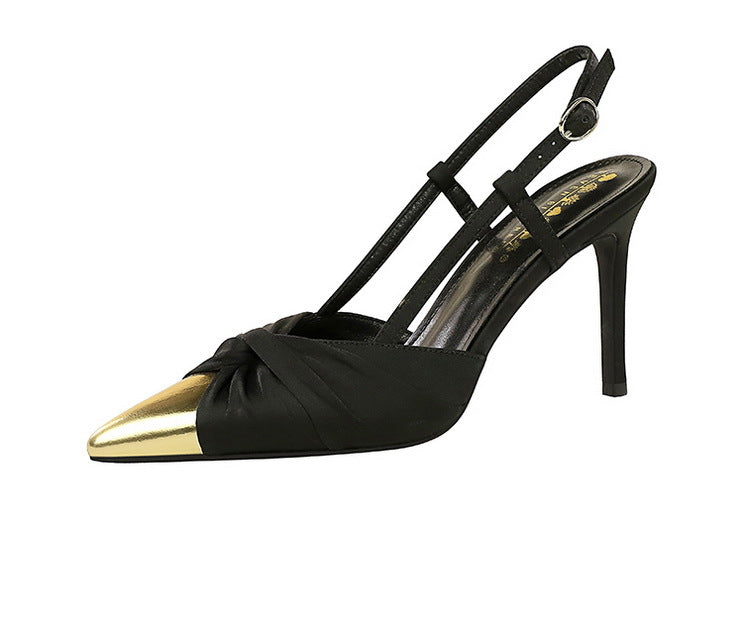 Satin Bow Metal Tip Color Block Back Strap Pumps
