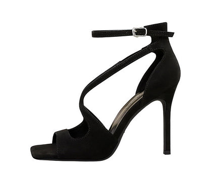 Cutout Square Toe Suede Strap Stiletto