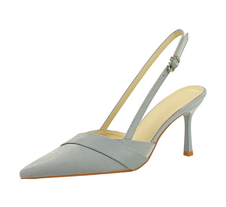 French Satin Ribbon Pointed Toe Ankle Strap Buckle Heel