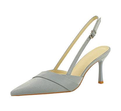 French Satin Ribbon Pointed Toe Ankle Strap Buckle Heel