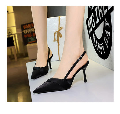 French Satin Ribbon Pointed Toe Ankle Strap Buckle Heel
