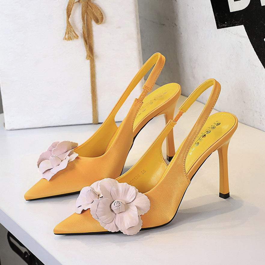 Color Blocking Floral Back Strap Pointed Stiletto Heel