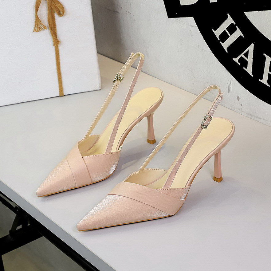 French Satin Ribbon Pointed Toe Ankle Strap Buckle Heel