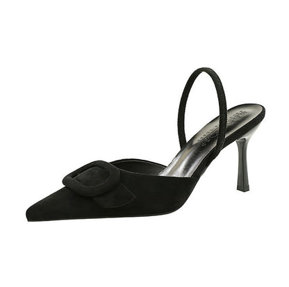 French Belt Buckle Decoration Pointed Toe Shallow Mouth Suede Stiletto Heel Back Empty Strap Women Shoes