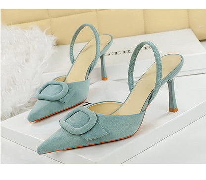 French Belt Buckle Decoration Pointed Toe Shallow Mouth Suede Stiletto Heel Back Empty Strap Women Shoes