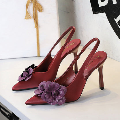 Color Blocking Floral Back Strap Pointed Stiletto Heel