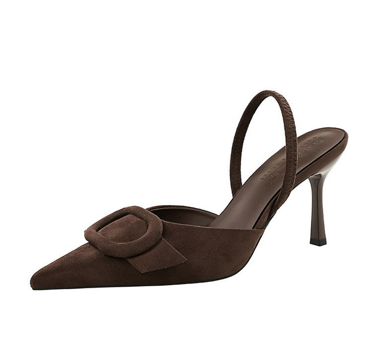 French Belt Buckle Decoration Pointed Toe Shallow Mouth Suede Stiletto Heel Back Empty Strap Women Shoes