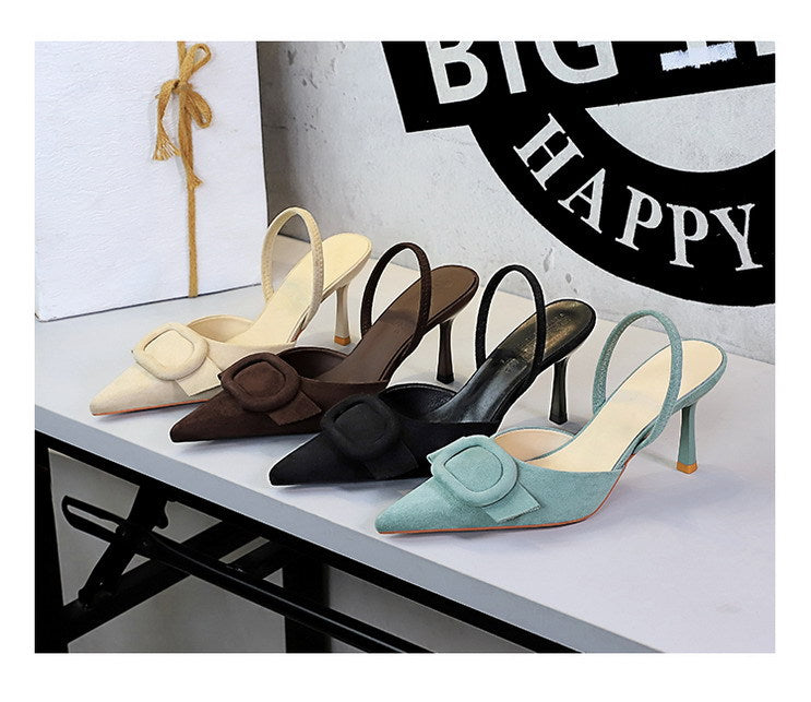 French Belt Buckle Decoration Pointed Toe Shallow Mouth Suede Stiletto Heel Back Empty Strap Women Shoes
