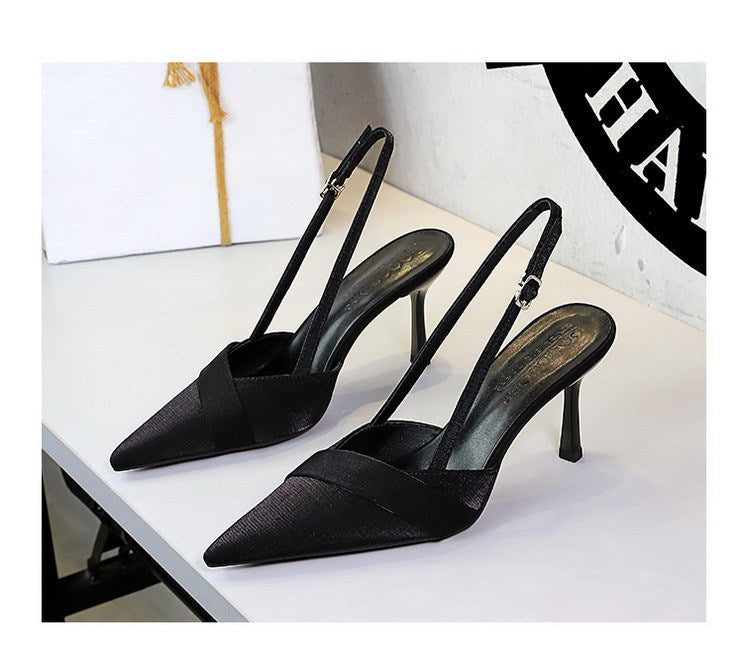 French Satin Ribbon Pointed Toe Ankle Strap Buckle Heel