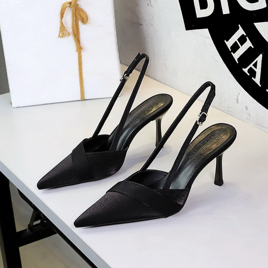 French Satin Ribbon Pointed Toe Ankle Strap Buckle Heel
