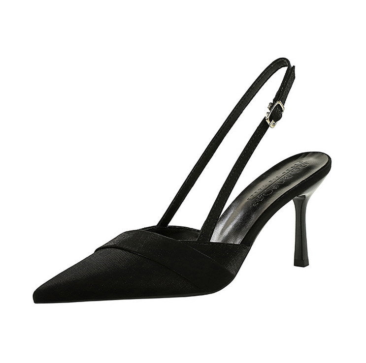 French Satin Ribbon Pointed Toe Ankle Strap Buckle Heel