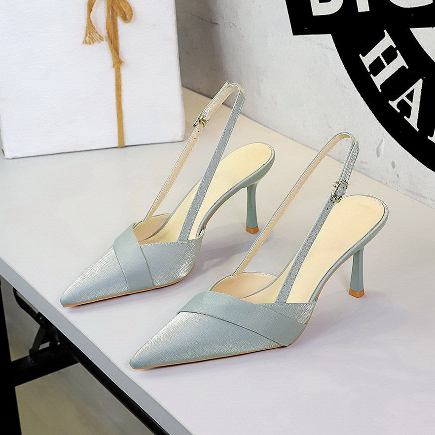 French Satin Ribbon Pointed Toe Ankle Strap Buckle Heel
