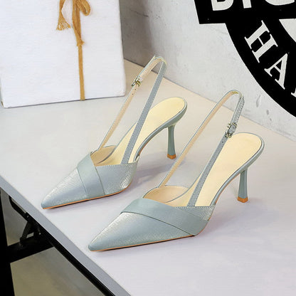 French Satin Ribbon Pointed Toe Ankle Strap Buckle Heel