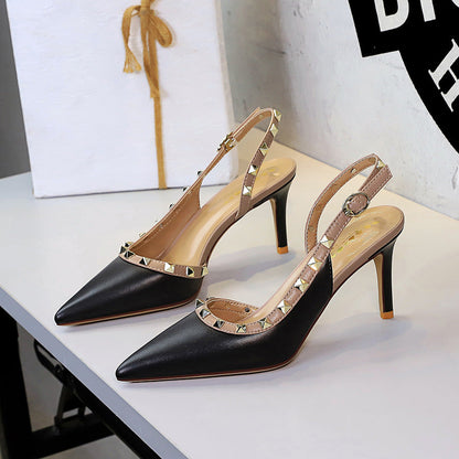 Pana Pointed Toe Rivet Decorative Ankle Strap Buckle Heel