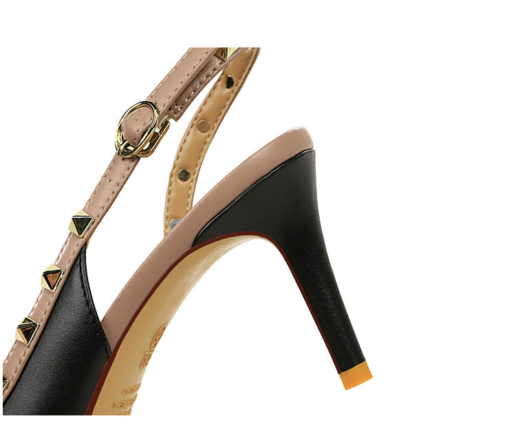 Pana Pointed Toe Rivet Decorative Ankle Strap Buckle Heel