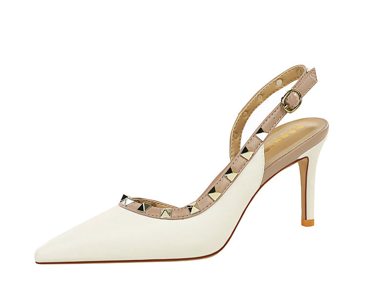 Pana Pointed Toe Rivet Decorative Ankle Strap Buckle Heel