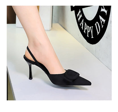 French Belt Buckle Decoration Pointed Toe Shallow Mouth Suede Stiletto Heel Back Empty Strap Women Shoes