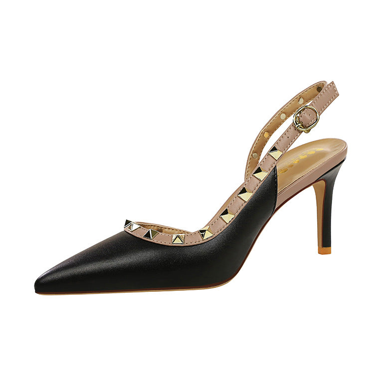Pana Pointed Toe Rivet Decorative Ankle Strap Buckle Heel
