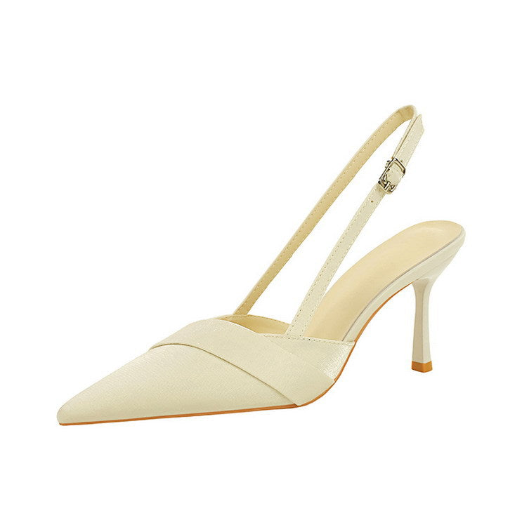 French Satin Ribbon Pointed Toe Ankle Strap Buckle Heel