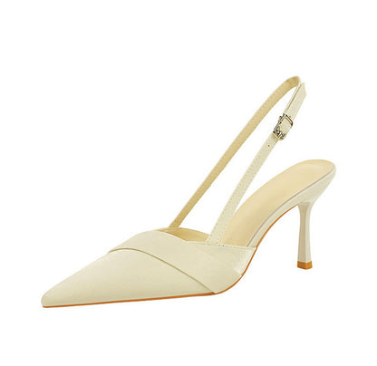 French Satin Ribbon Pointed Toe Ankle Strap Buckle Heel