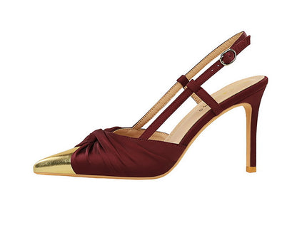 Satin Bow Metal Tip  Color Block Back Strap Pumps