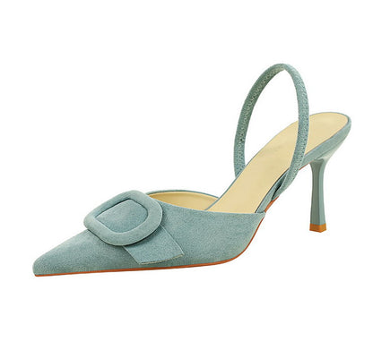French Belt Buckle Decoration Pointed Toe Shallow Mouth Suede Stiletto Heel Back Empty Strap Women Shoes
