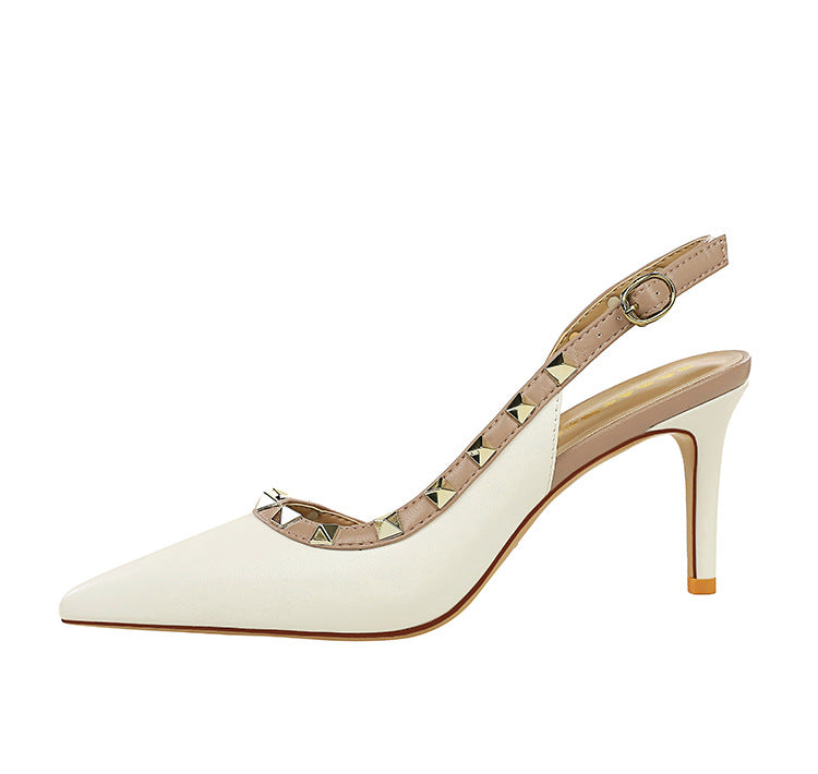 Pana Pointed Toe Rivet Decorative Ankle Strap Buckle Heel