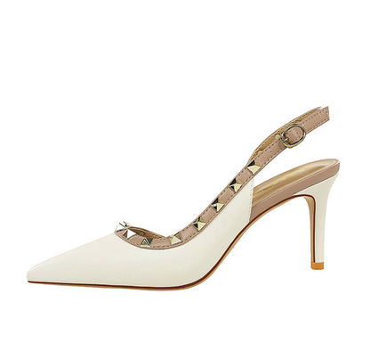 Pana Pointed Toe Rivet Decorative Ankle Strap Buckle Heel