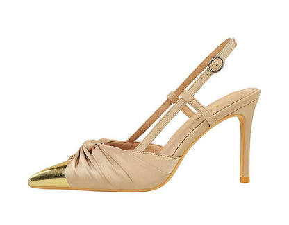 Satin Bow Metal Tip  Color Block Back Strap Pumps