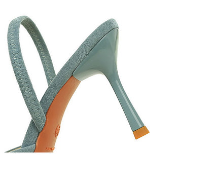 French Belt Buckle Decoration Pointed Toe Shallow Mouth Suede Stiletto Heel Back Empty Strap Women Shoes