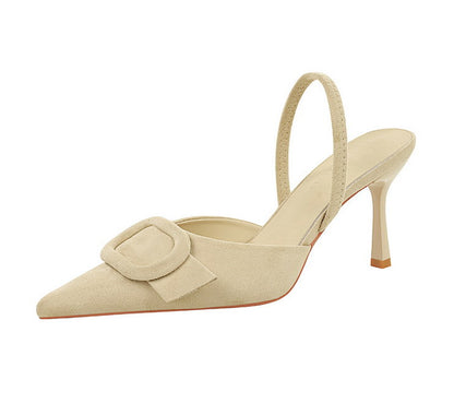 French Belt Buckle Decoration Pointed Toe Shallow Mouth Suede Stiletto Heel Back Empty Strap Women Shoes