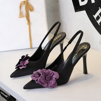 Color Blocking Floral Back Strap Pointed Stiletto Heel
